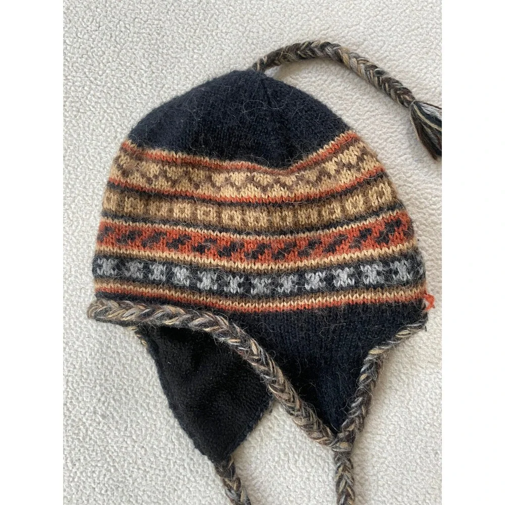 Classic Alpaca One Size Chullo Hat Black Fair Isle Fleece Lined Peru Ear Flaps
